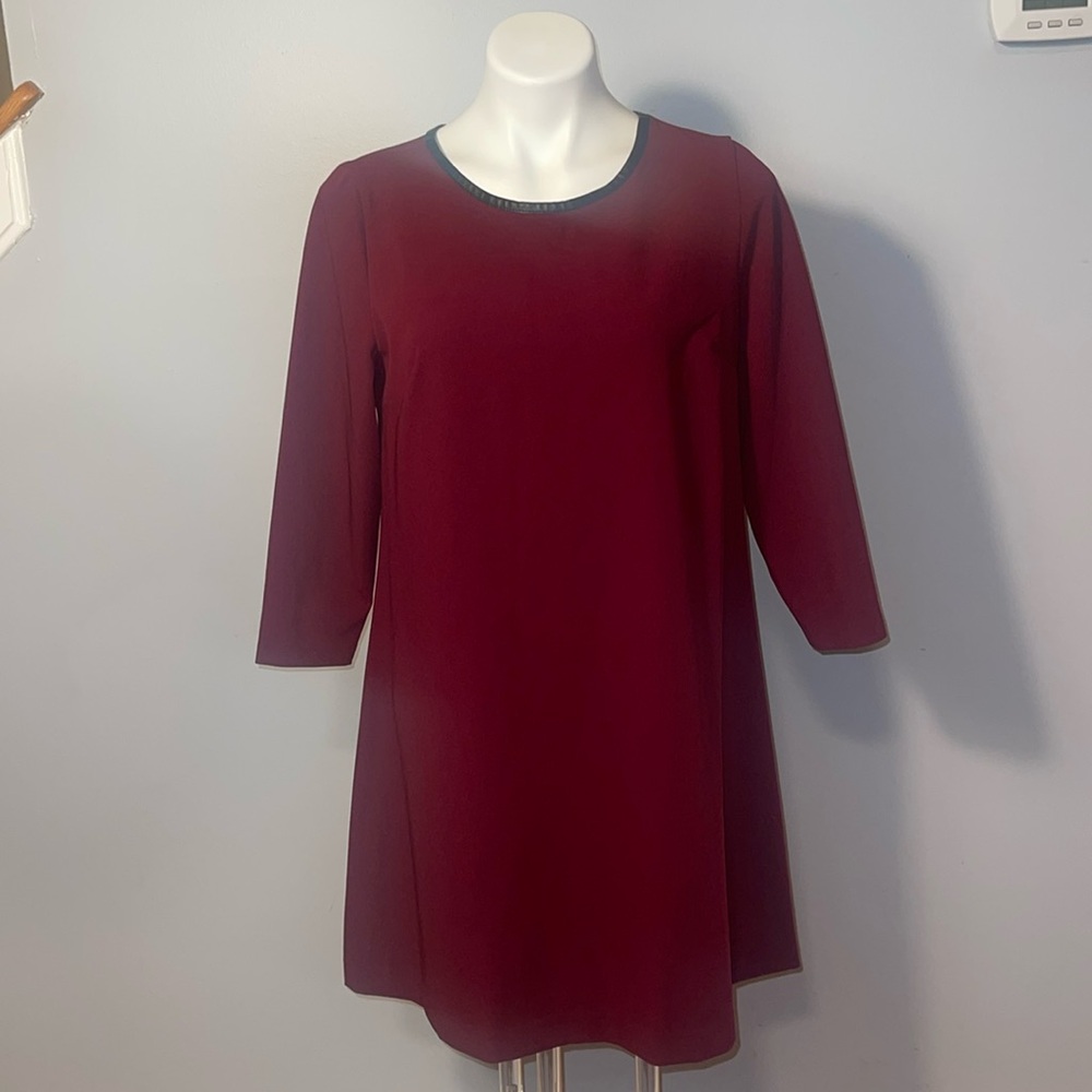 ECI ladies maroon 3/4 sleeves A-line dress. Size medium. Black faux leather trim